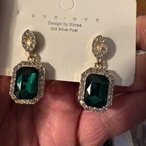Emerald Dangle Earrings Gold Crystal Square Drop Earrings Green Crystal Emerald